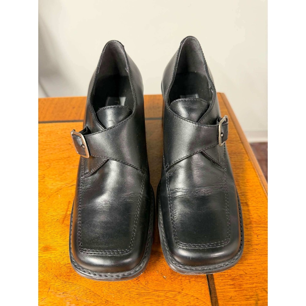 Vtg 90s Riveted by Lee Womens 7M Black Block Heels Chunky Monk Strap Square Toe